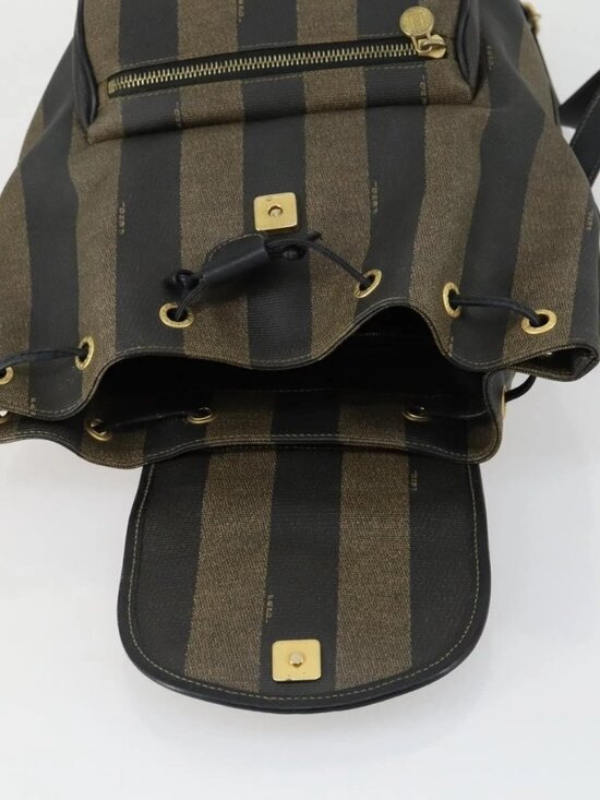 FENDI Pecan Canvas Backpack PVC Brown Black gold Auth ka1008